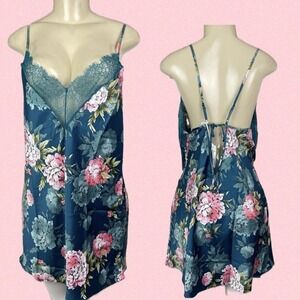 inBloom by Jonquil Teal Floral Satin Lace Trim Cami Slip Nightie Chemise L